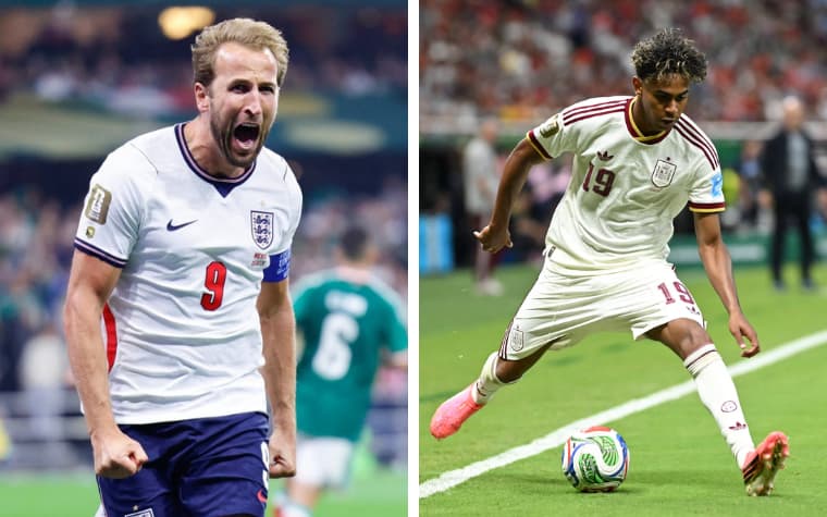 Montagem com Harry Kane, da Inglaterra, à direita, e Lamine Yamal, da Espanha, à esquerda.