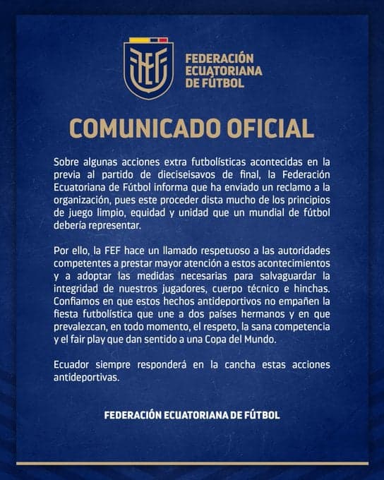 Pronunciamento da FEF antes de duelo entre Equador e México (Foto: Divulgação)