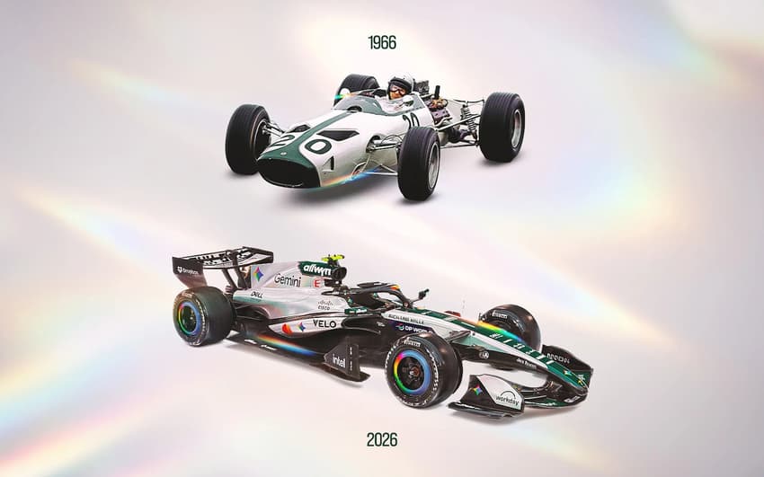 Comparação dos carros da McLaren de 1966 e 2026 (Foto: Divulgação/McLaren)