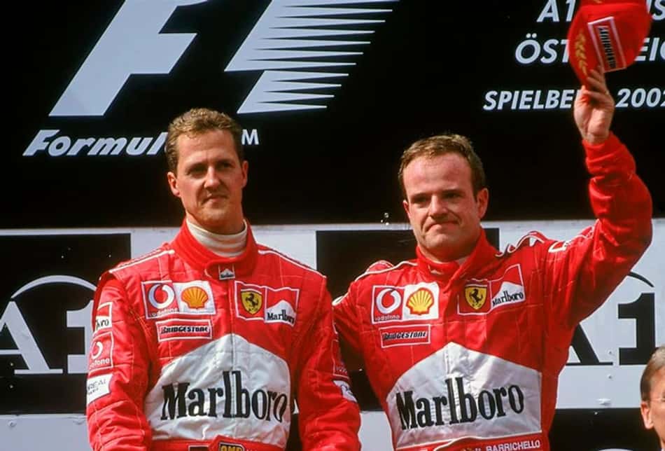 Michael Schumacher e Rubinho Barrichello comemoram pódio no GP da Áustria na F1 2002