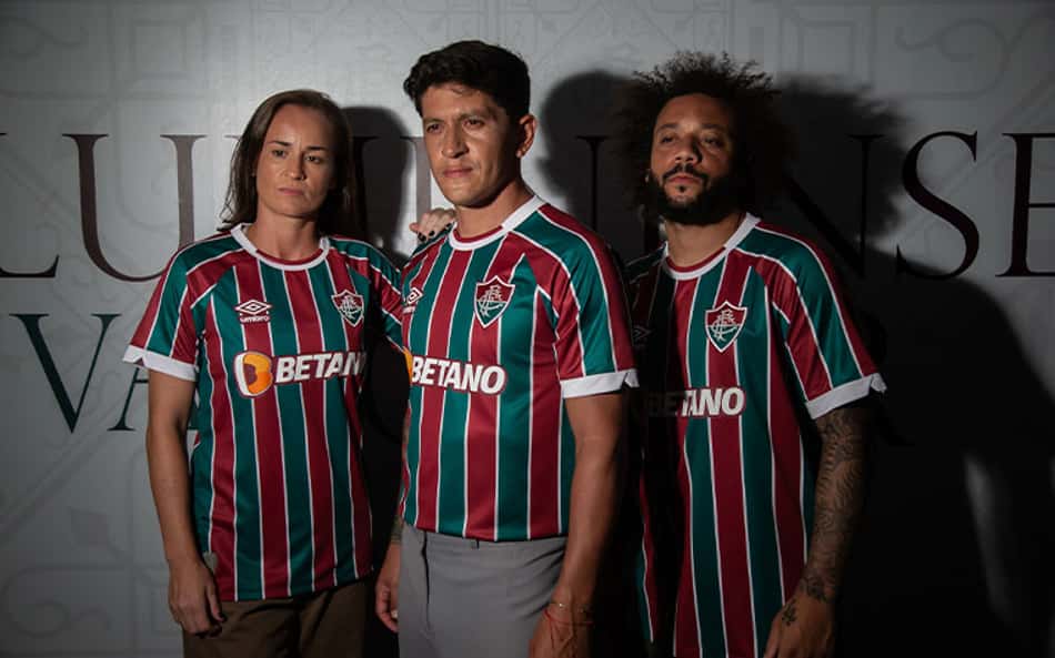 Gislaine, Cano e Marcelo no lançamento dos uiformes tricolores do Fluminense (Foto: Divulgação/FFC)