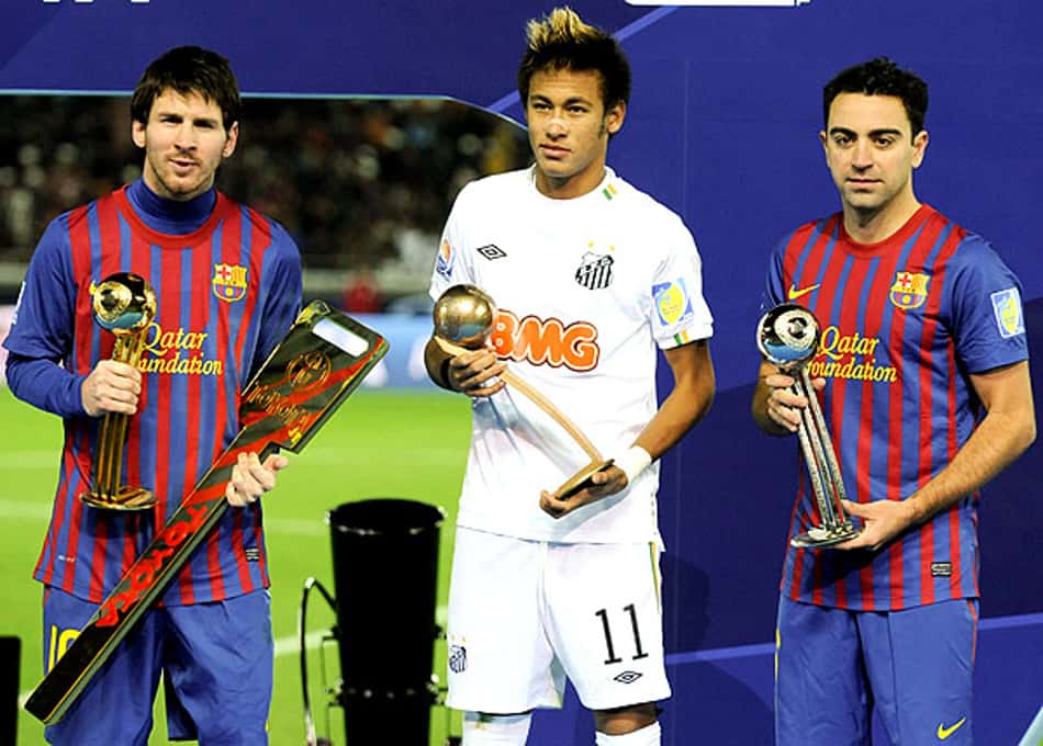 Xavi, Neymar e Messi - Cerimônia de premiação do Mundial de Clubes (Foto: Kimimasa Mayama/EFE)