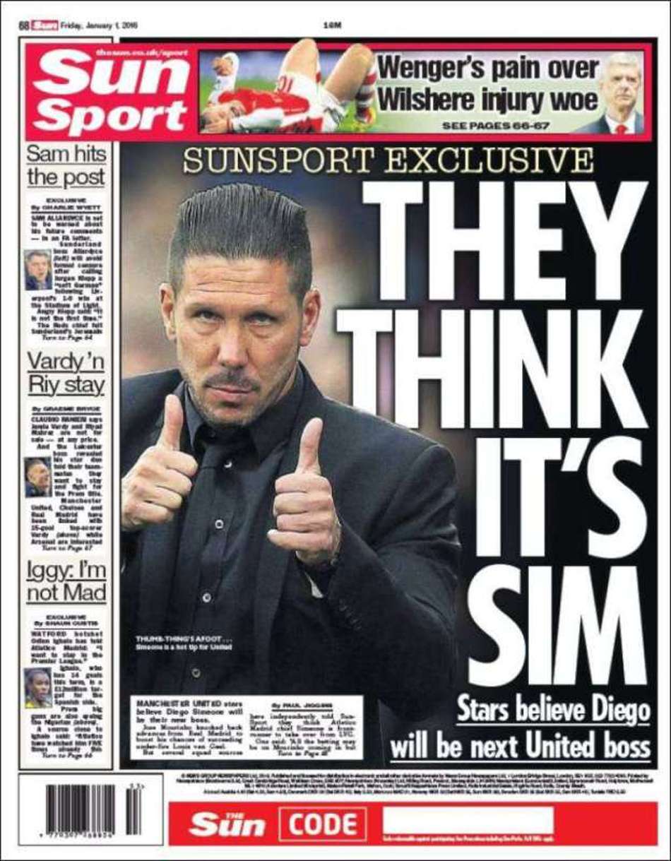 Simeone foi capa de jornal inglês