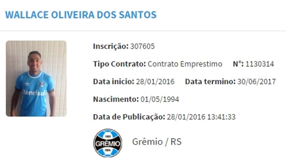 Nome de Wallace foi registrado no sistema da CBF (Foto: Reprodução)