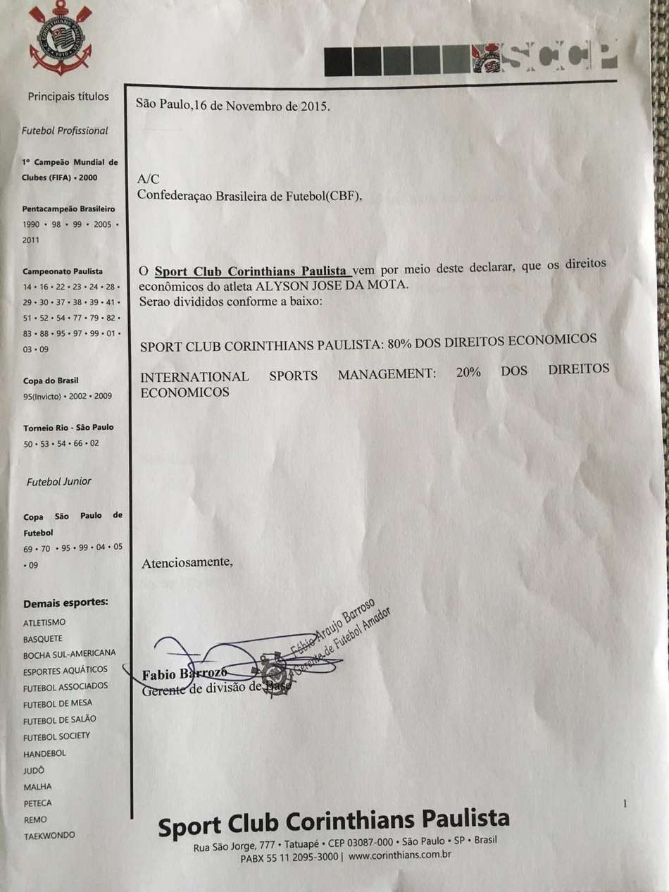 Carta do Corinthians sobre a divisão dos direitos de Alyson (Foto: Reprodução)