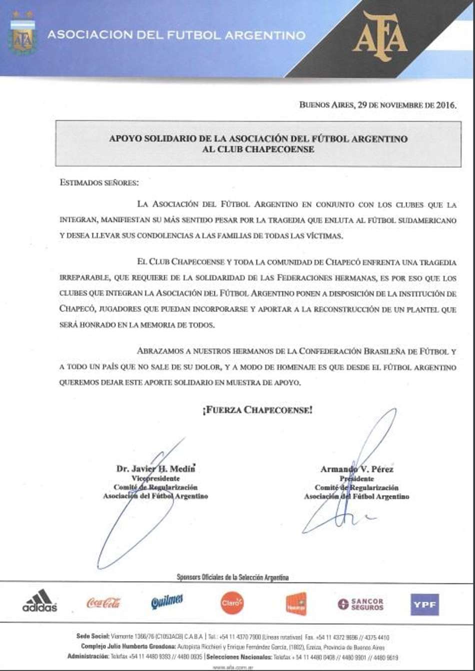 Clubes argentinos também se disponibilizaram para emprestar jogadores para Chapecoense