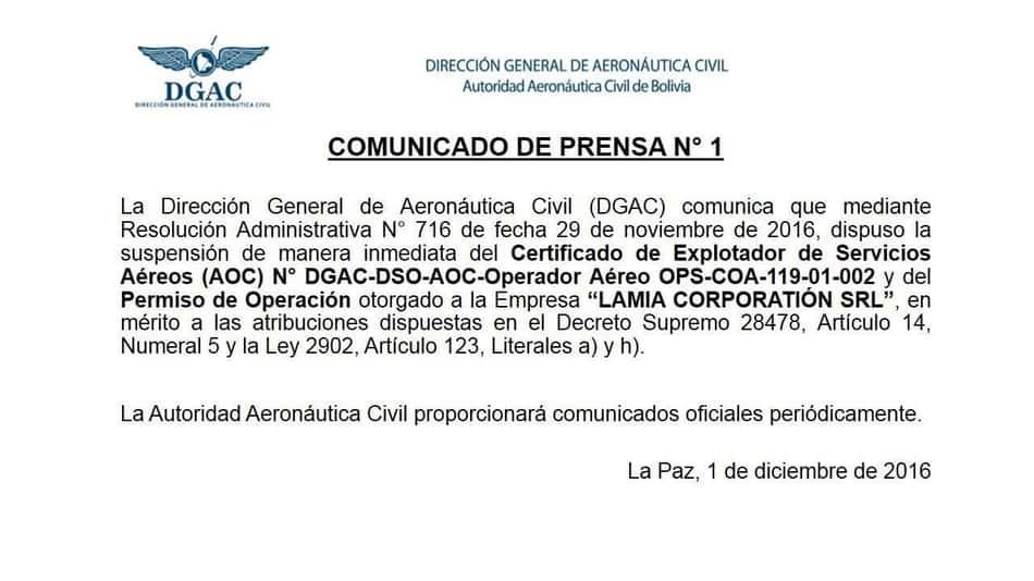 Governo da Bolívia suspende registro da companhia aérea do acidente da Chapecoense