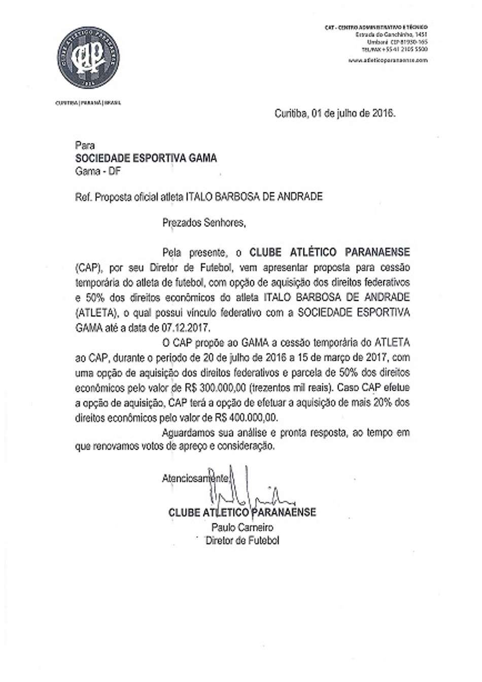 proposta Ítalo Atlético-PR