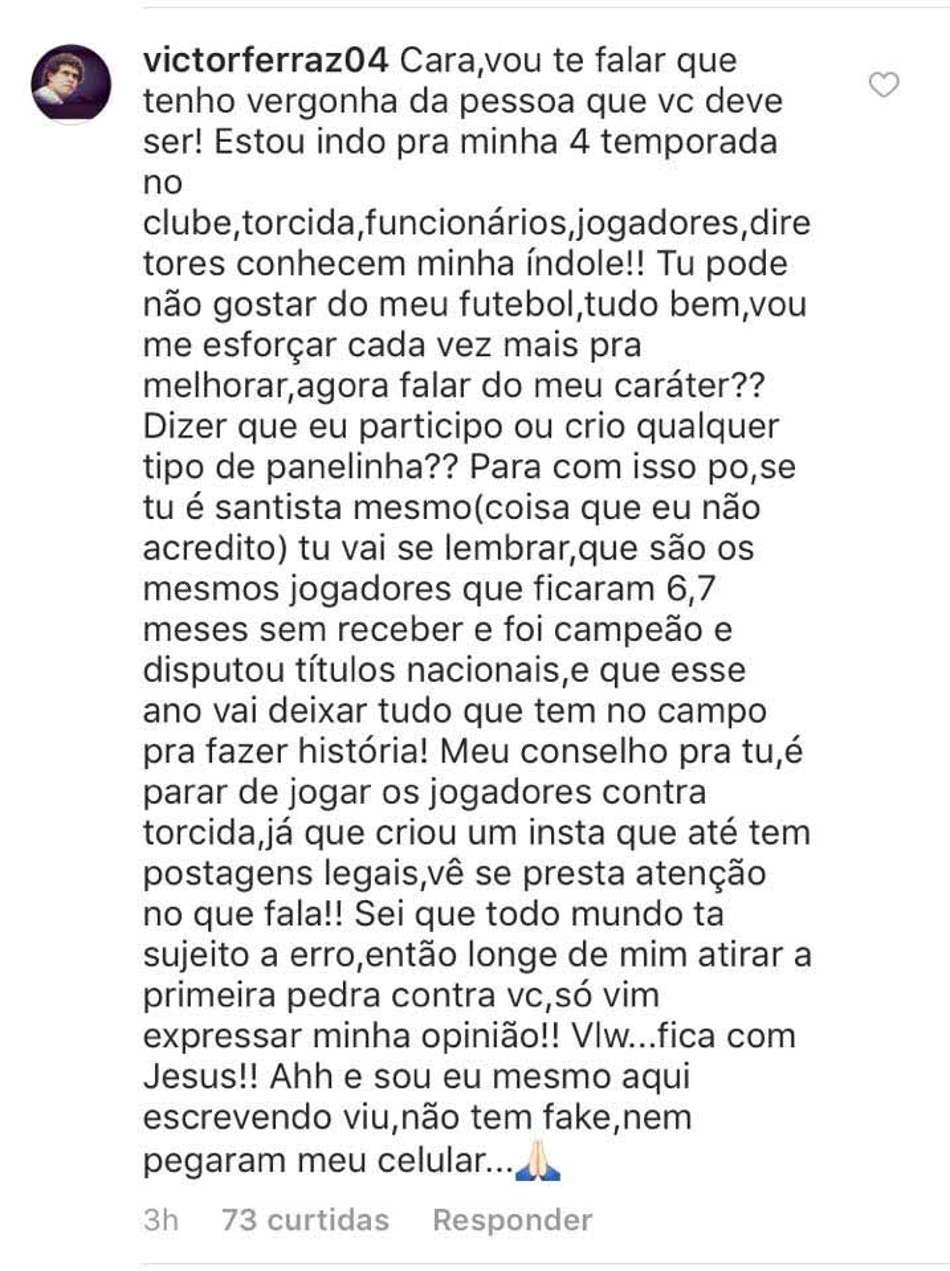 Victor Ferraz respondendo um torcedor no Instagram