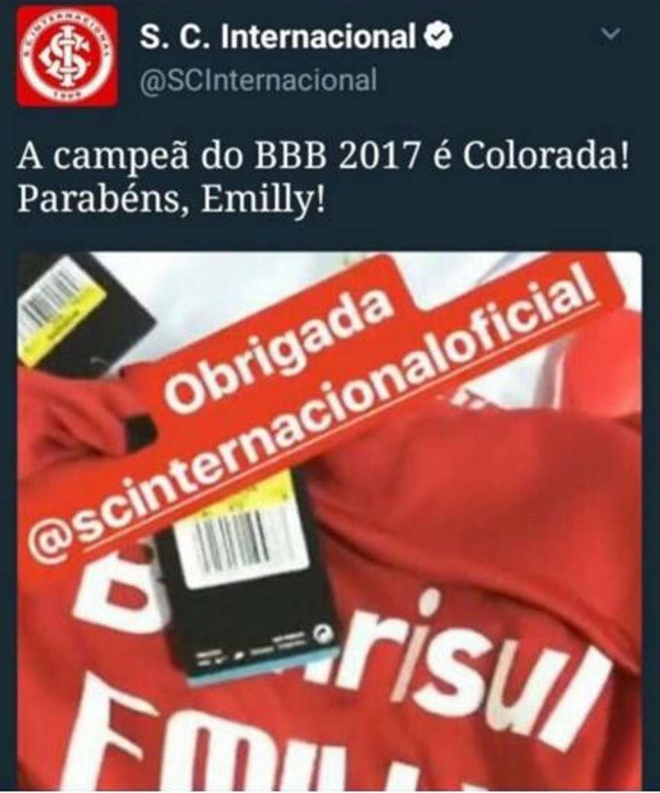 Põe no BBB! Inter parabeniza vencedora via Twitter, mas deboches fazem postagem ser apagada