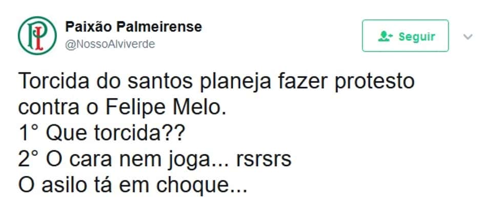 Protesto de santistas contra Felipe Melo vira piada entre palmeirenses