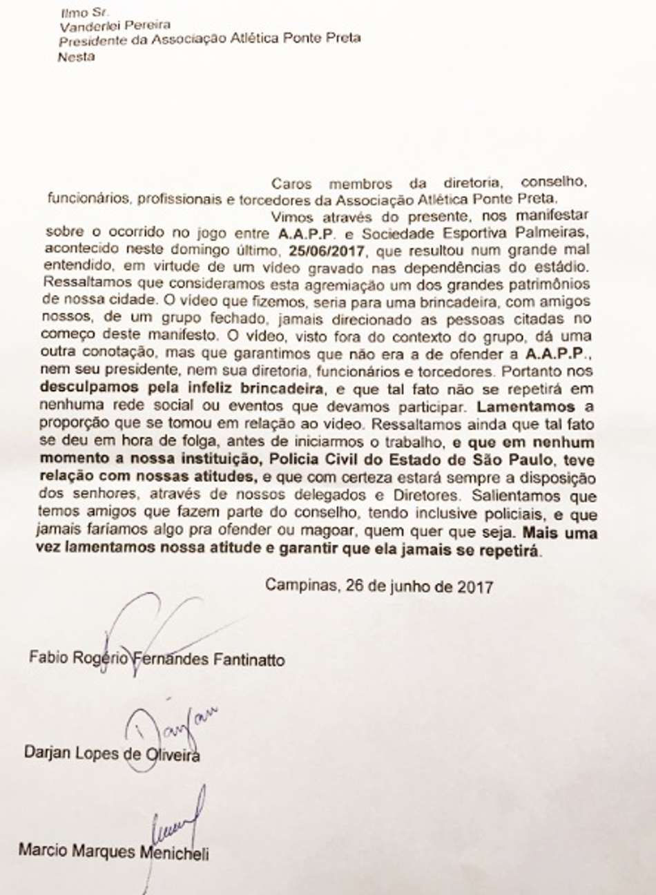 Pedido de desculpas de policiais para a Ponte Preta