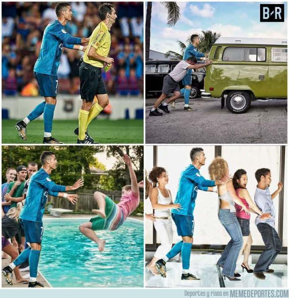 Montagens com CR7 fazem sucesso após comemoração e empurrão em árbitro