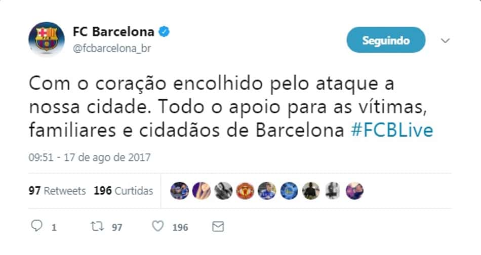 O perfil oficial do Barcelona publicou seu apoio as vítimas:<br>"Com o coração encolhido pelo ataque a nossa cidade. Todo apoio para as vítimas, familiares e cidadãos de Barcelona"