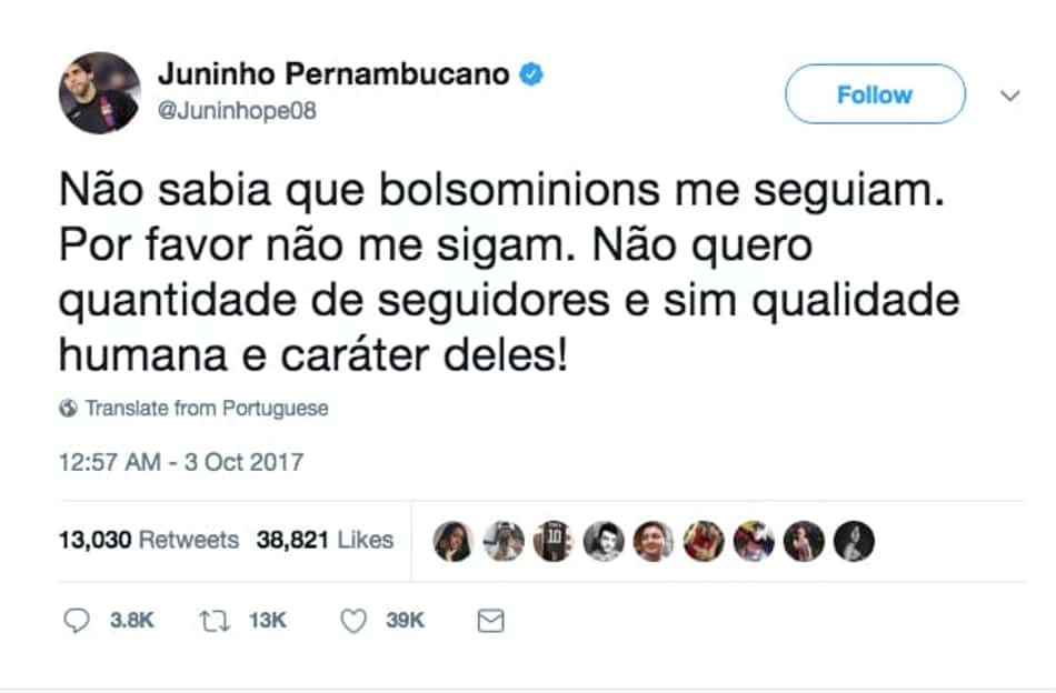 Juninho Pernambucano se envolve em polêmica com seguidores de Bolsonaro nas redes sociais