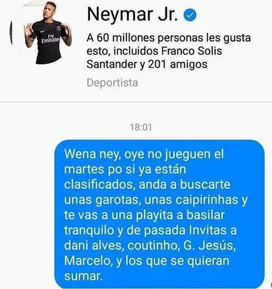 Chilenos enviam mensagens para Neymar: 'Pegue umas garotas e vá para praia'