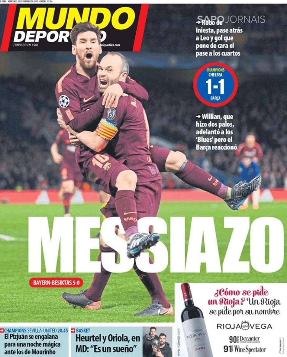 Jornais da Catalunha e Inglaterra enaltecem dupla Iniesta/Messi
