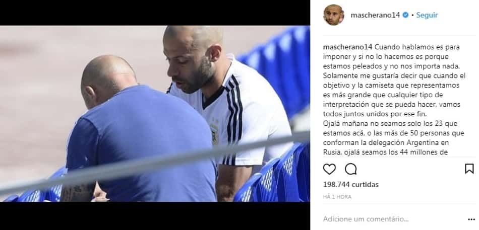 Mascherano posta foto com Sampaoli e pede união na Argentina