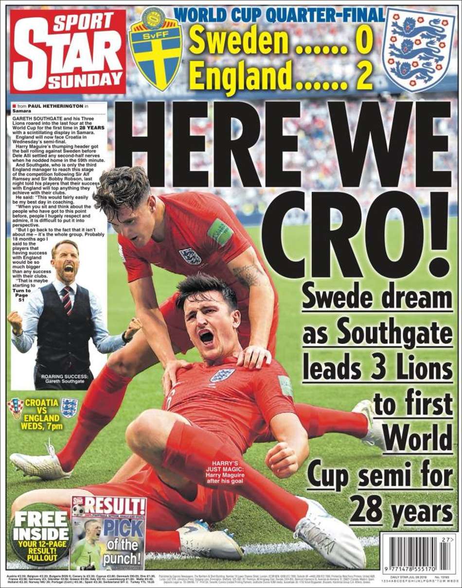 Os ingleses estão confiantes! O jornal Star Sport destacou a vitória dos Leões sobre a Suécia e lembra: 28 anos desde a última semifinal da Inglaterra.