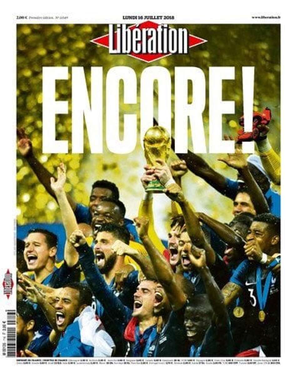 Festa total na França! Na capa do jornal Libération, a manchete 'De novo' destaca o bicampeonato francês. 