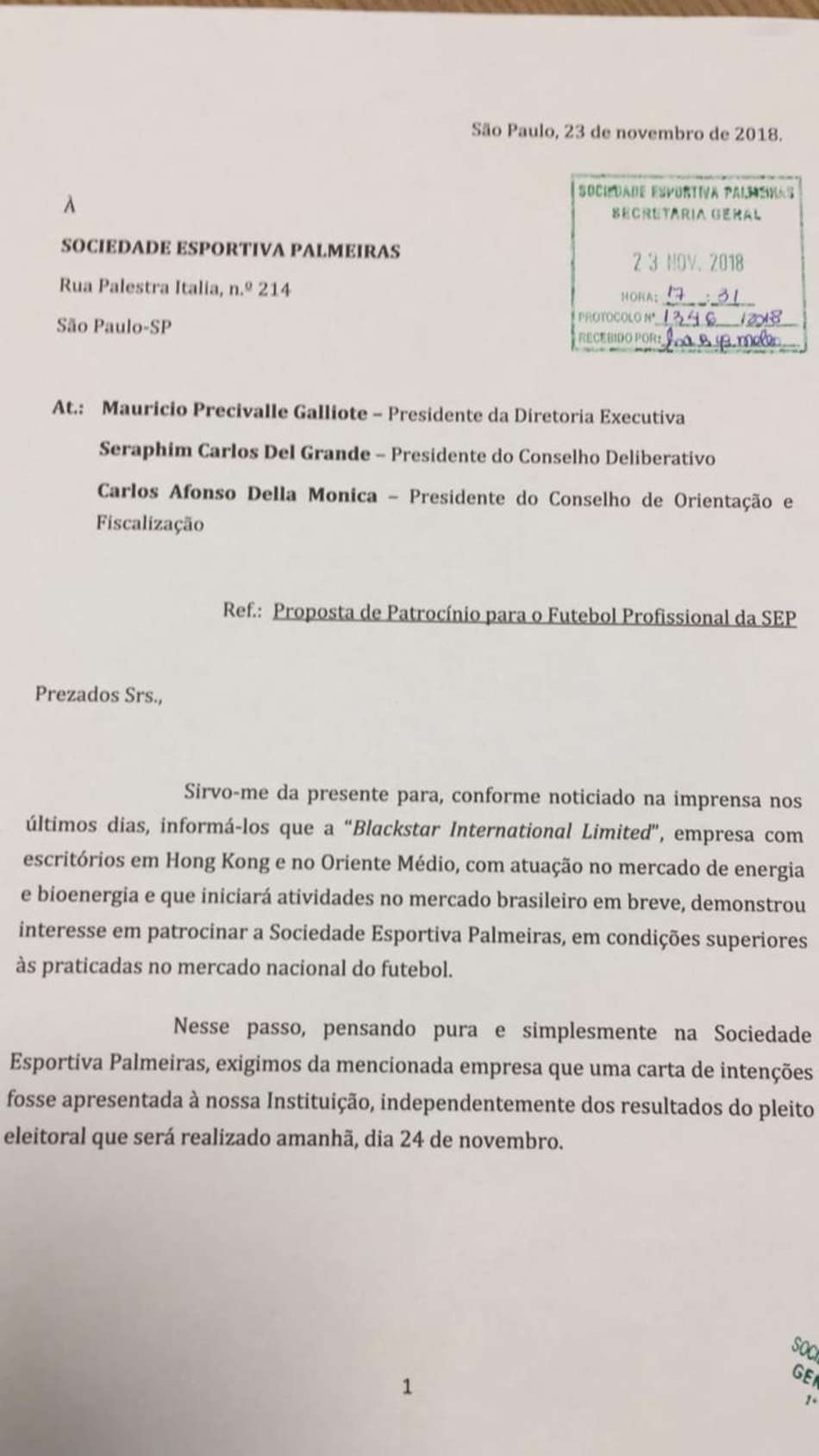 Oposição do Palmeiras protocolou carta com intenção de patrocínio
