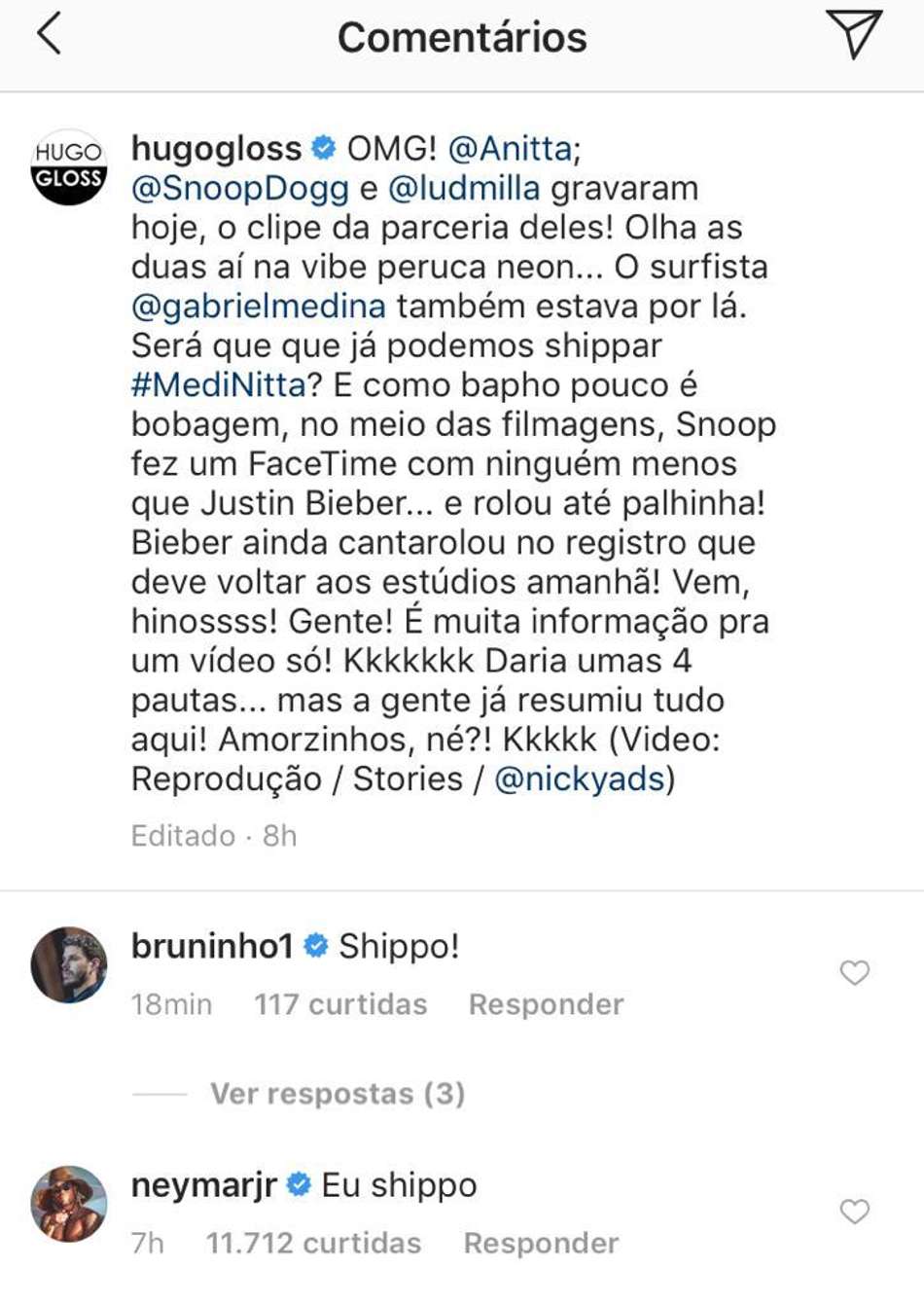 Neymar shippa relação de Anitta e Medina