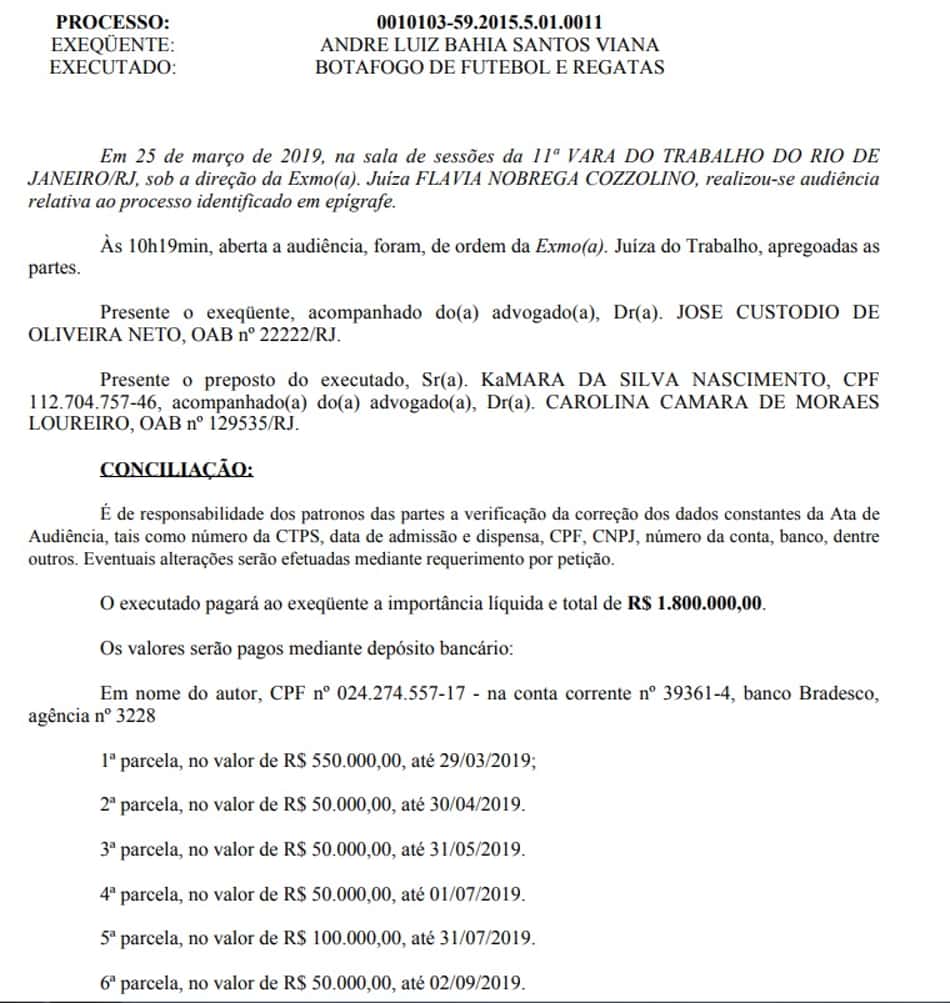 Botafogo e Andre Bahia chegaram a acordo por dívida
