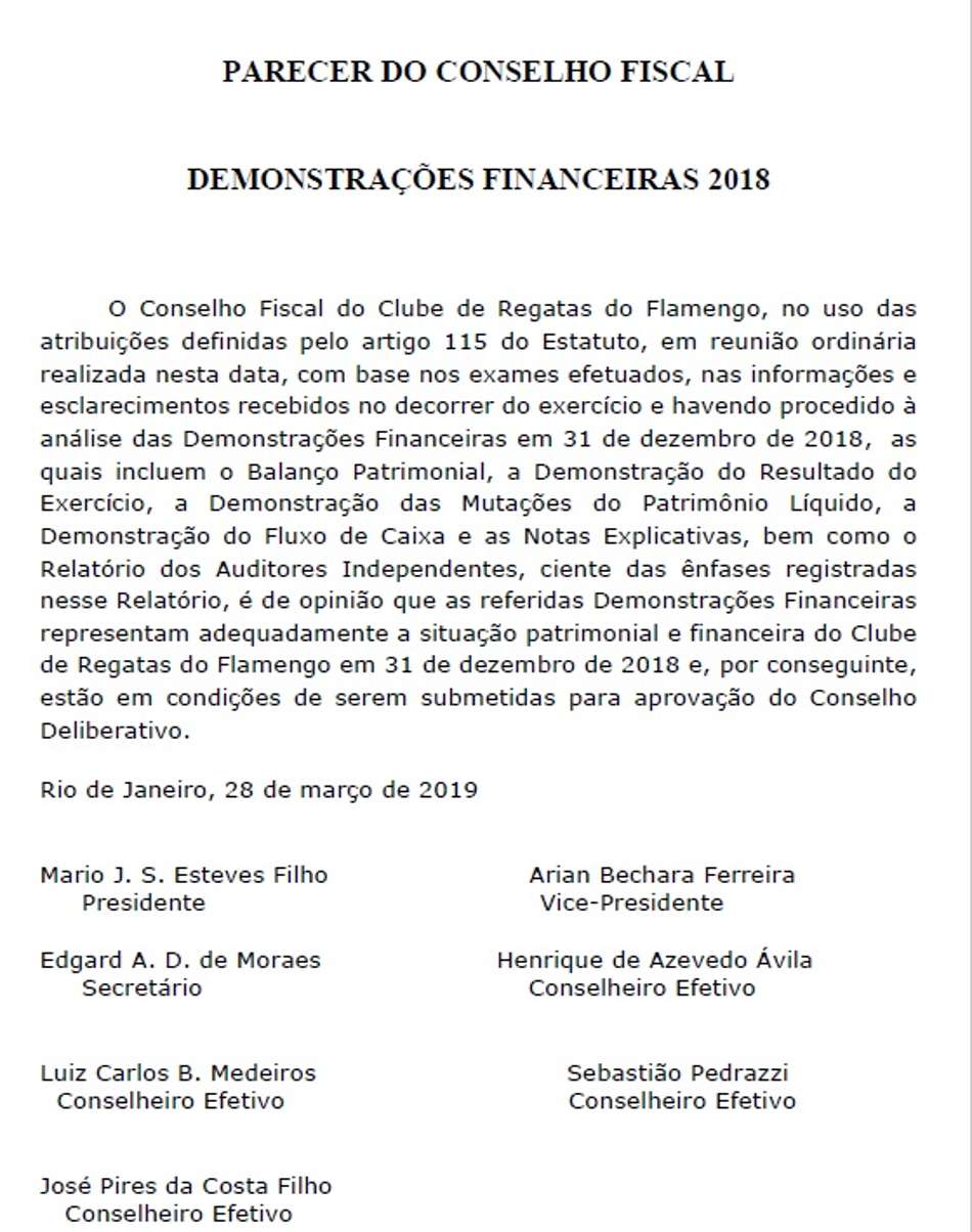 Parecer Conselho Fiscal Flamengo - balanço 2018