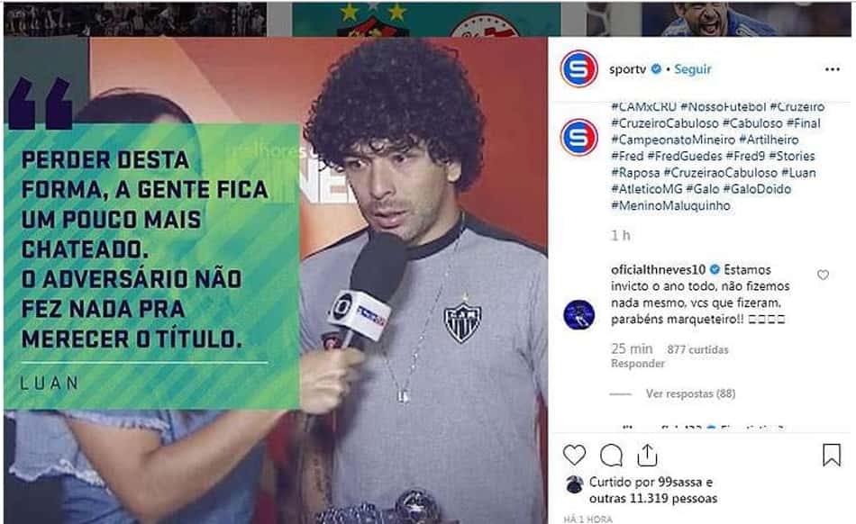 Thiago Neves rebate Luan após Galo perder o título mineiro: 'Marqueteiro'
