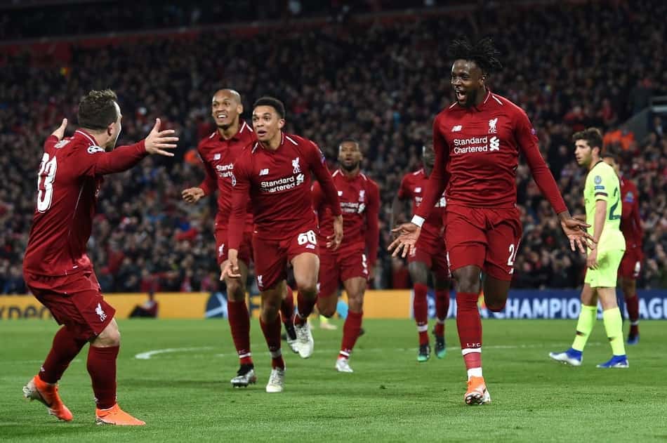 Divock Origi comemora gol que eliminou o Barcelona da Champions
