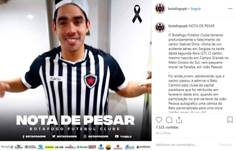 Botafogo-PB e CSA lamentam morte do cantor Gabriel Diniz