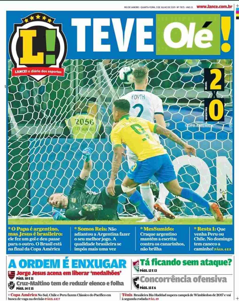 Capa do LANCE! brincou com o logotipo do diário argentino para ressaltar o 'olé' que o Brasil deu nos rivais 