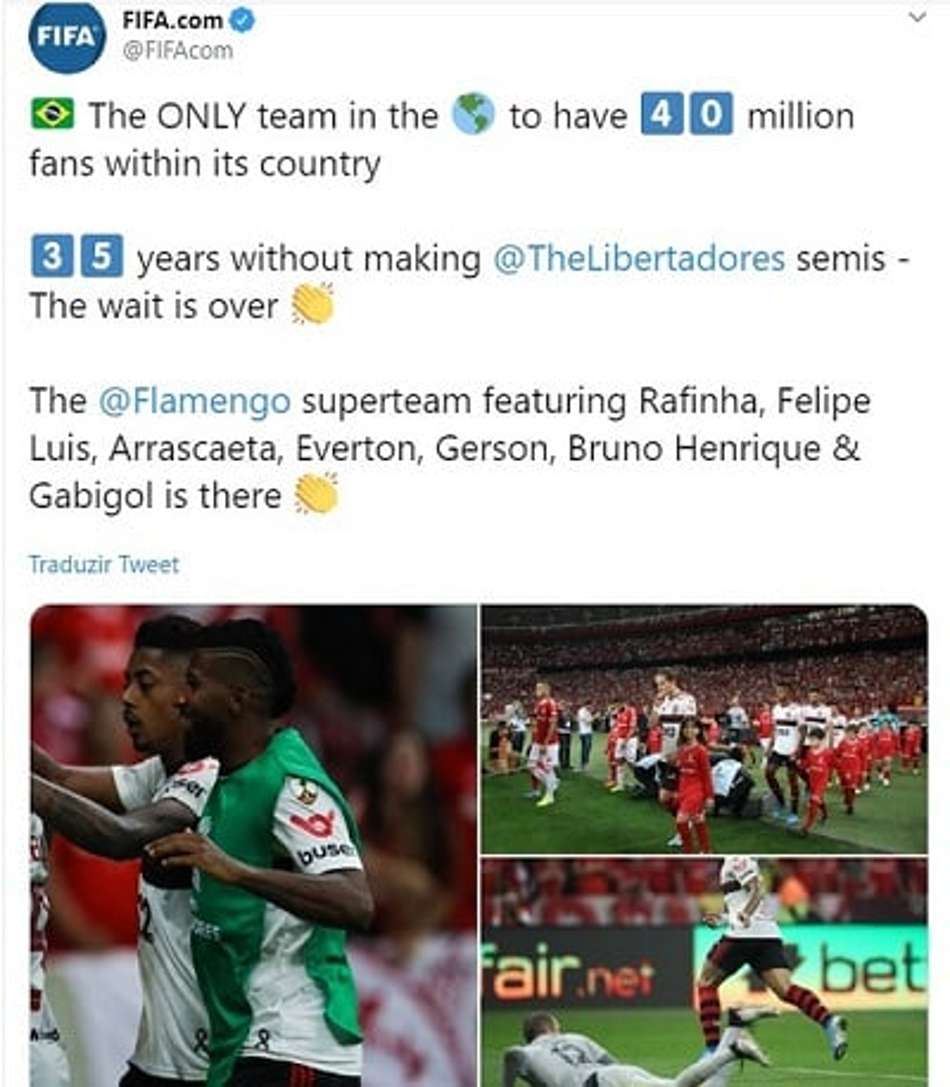 'Supertime' e '40 milhões de torcedores': Fifa elogia o Fla na web
