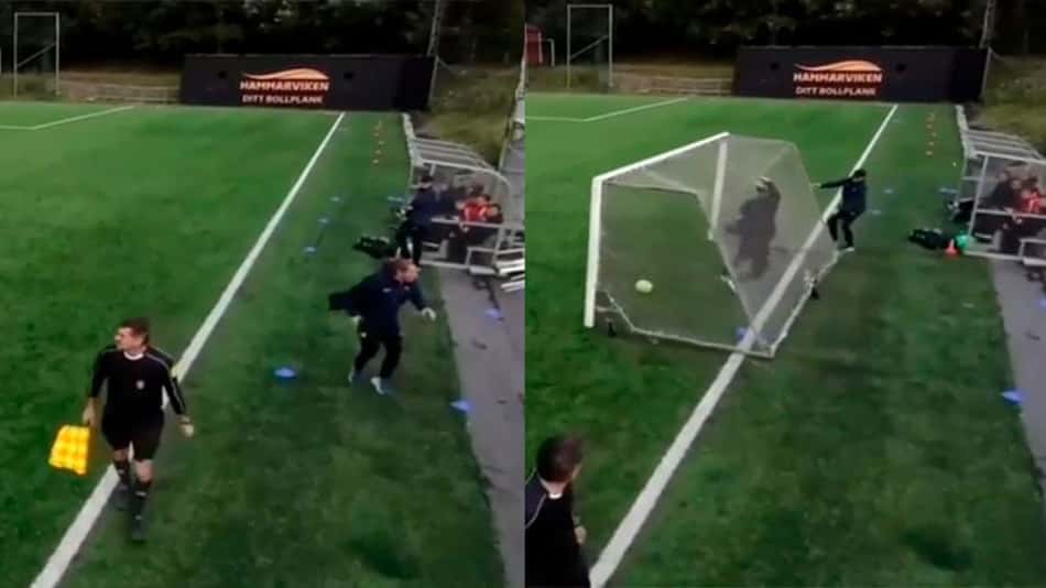 Bizarro! Baliza invade campo e carrega treinador; assista