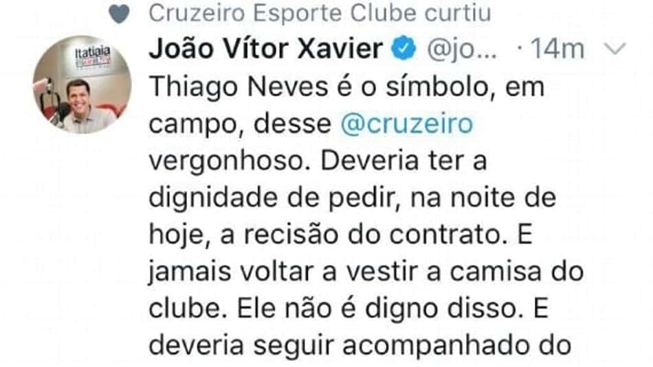 O tweet gerou repercussão pelo comentário de João Vitor e pela conta oficial da Raposa "concordar" com a postagem