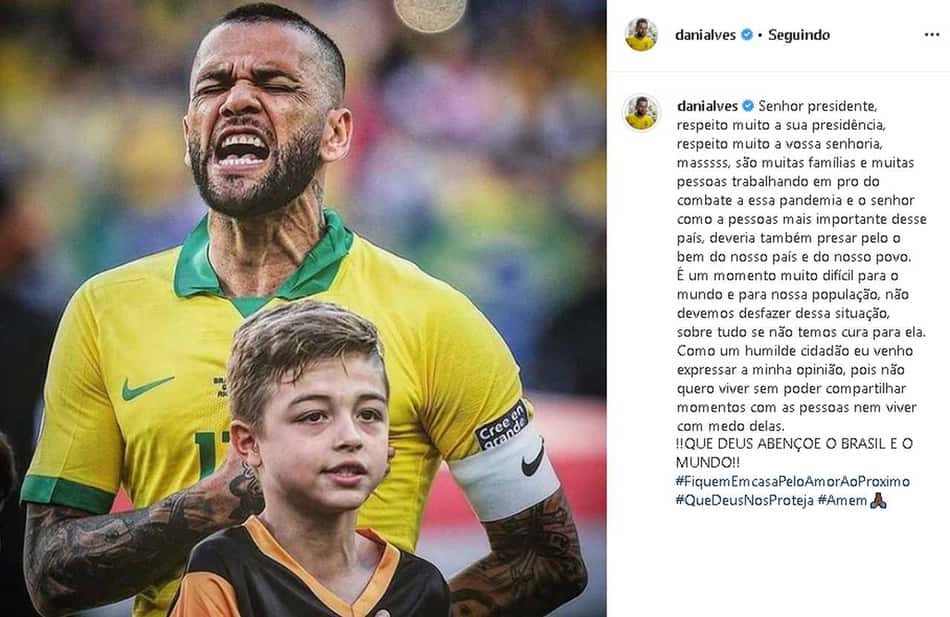 Daniel Alves escreve para Bolsonaro: 'Deveria prezar pelo bem do povo'