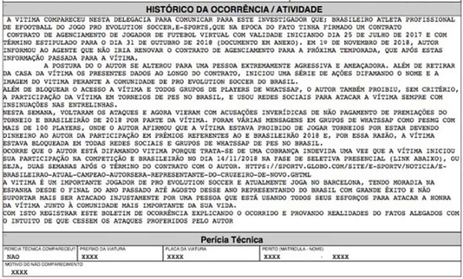 Acusações registradas no boletim de ocorrência