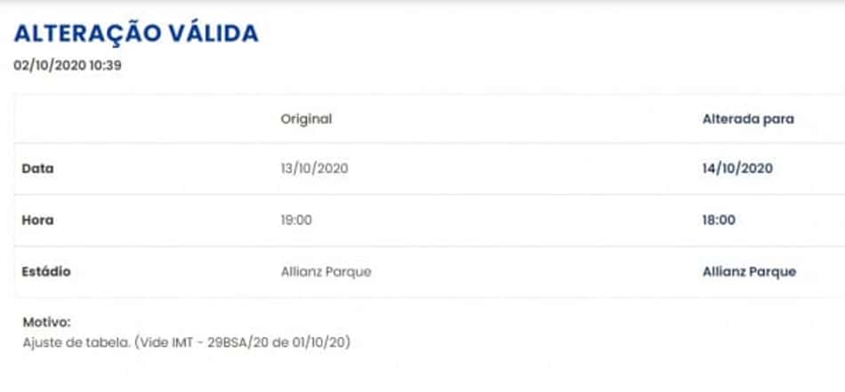 Ajuste tabela Palmeiras x Coritiba