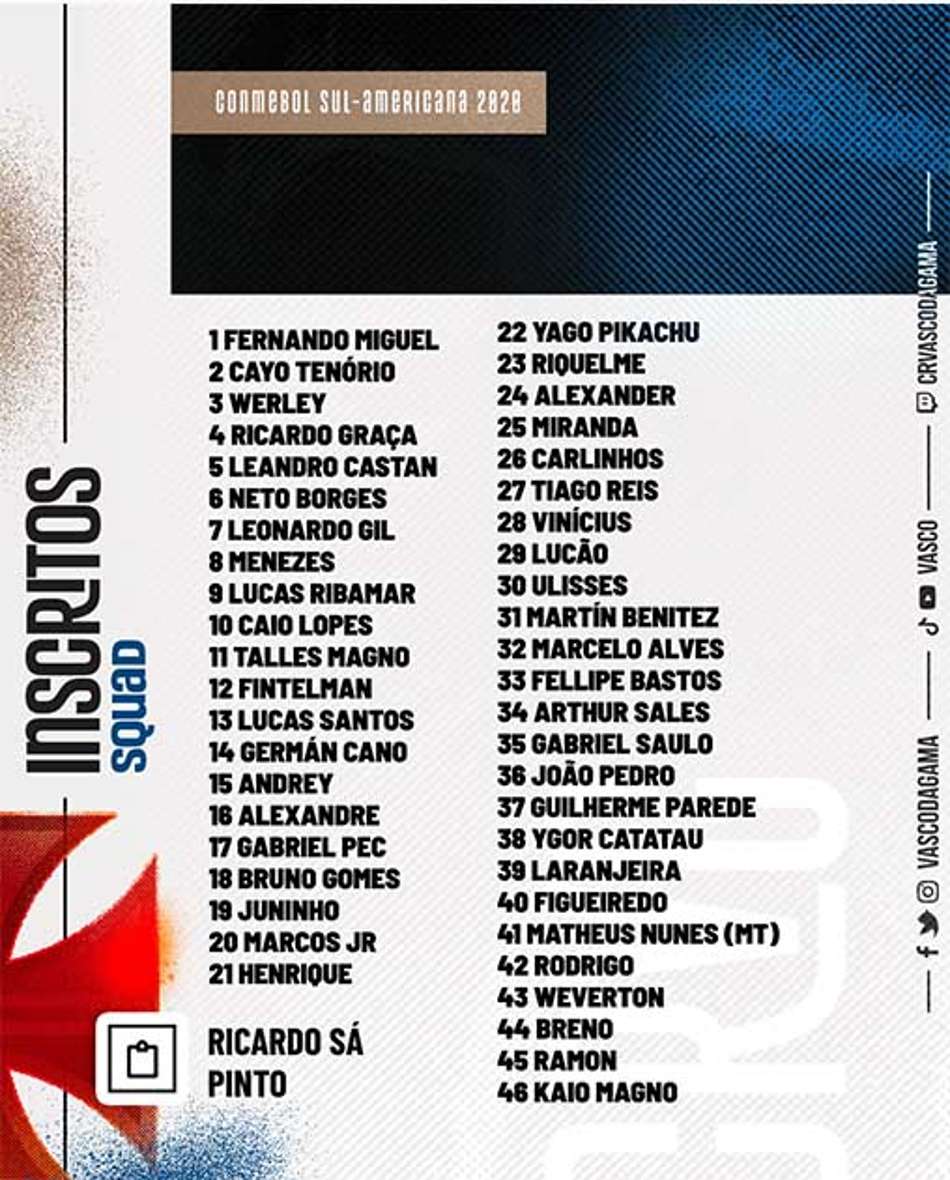 Vasco divulga lista de inscritos para a segunda fase da Sul-Americana