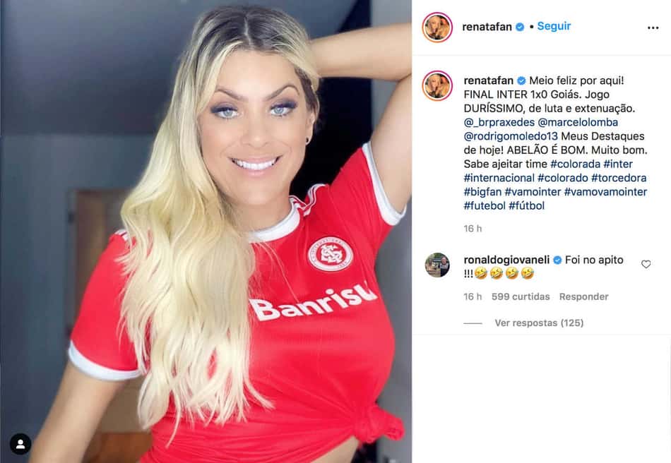 Renata Fan comemora mais uma vitória do Internacional e comenta: 'Abel sabe ajeitar time'