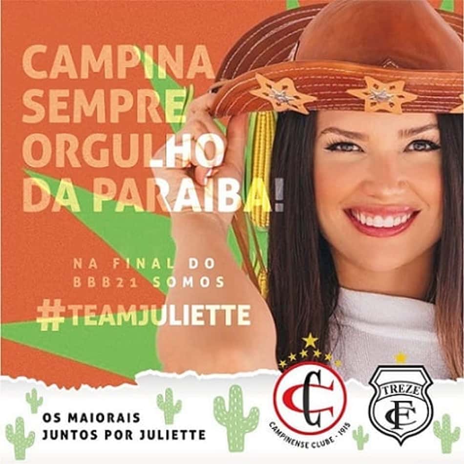 'Orgulho da Paraíba': Juliette ganha apoio de times de Campina Grande para vencer o Big Brother Brasil