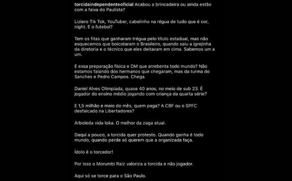 Após derrota no clássico contra o Santos, torcida organizada do São Paulo protesta nas redes sociais