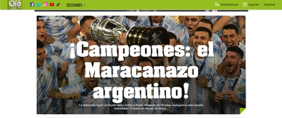 Jornais gringos exaltam título da Argentina na Copa América e citam o "Maracanazo" como provocação