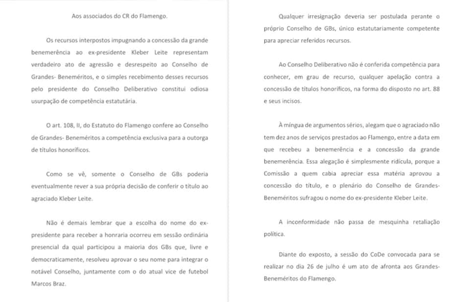 Flamengo divulgam manifesto contrário ao julgamento