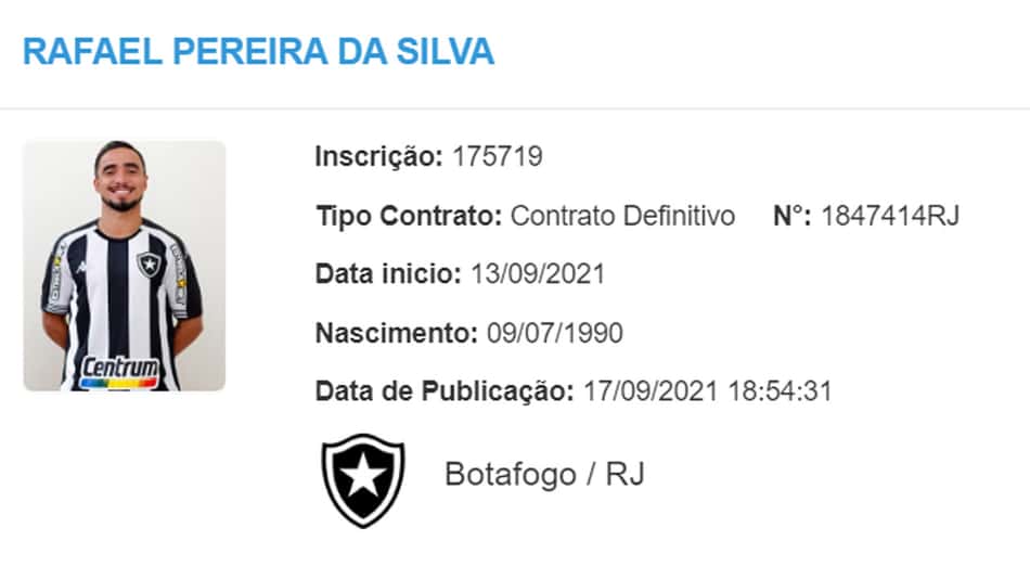 Nome de Rafael já aparece no BID e jogador já pode estrear pelo Botafogo