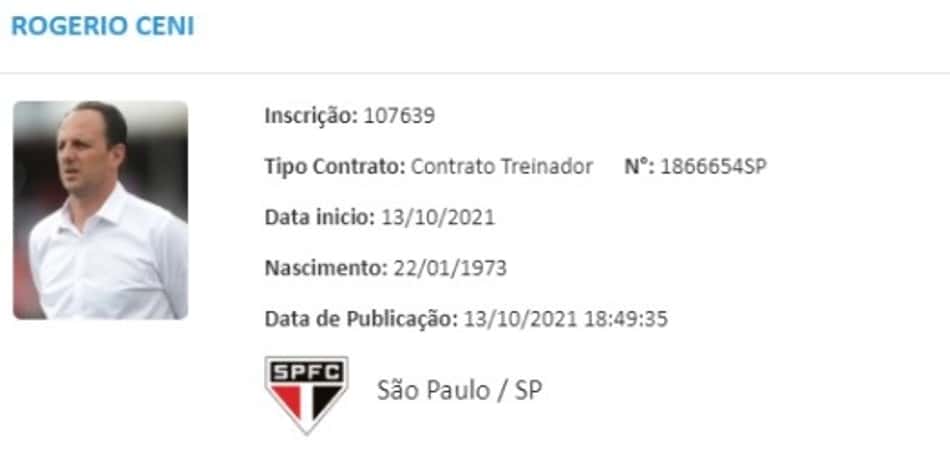 Rogério Ceni aparece no BID como treinador do São Paulo e deve comandar a equipe contra o Ceará