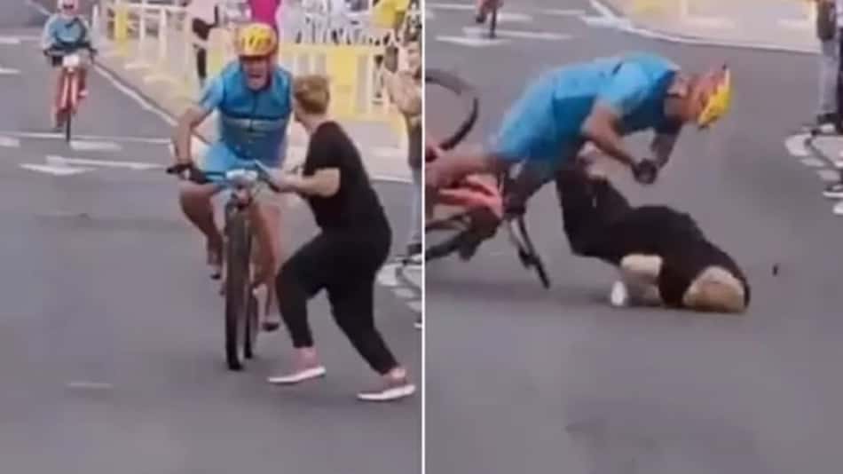 VÍDEO: Mulher atravessa pista nos metros finais da prova e é atropelada por ciclista que liderava a corrida
