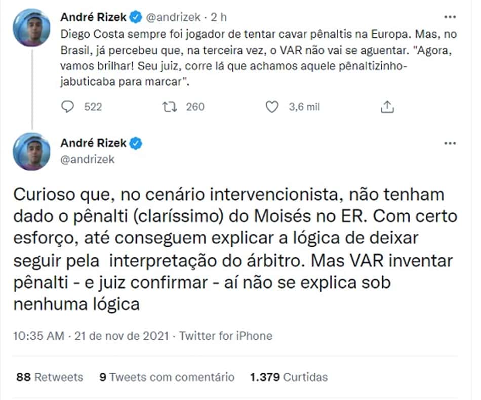 Rizek sobre Diego Costa, no Twitter