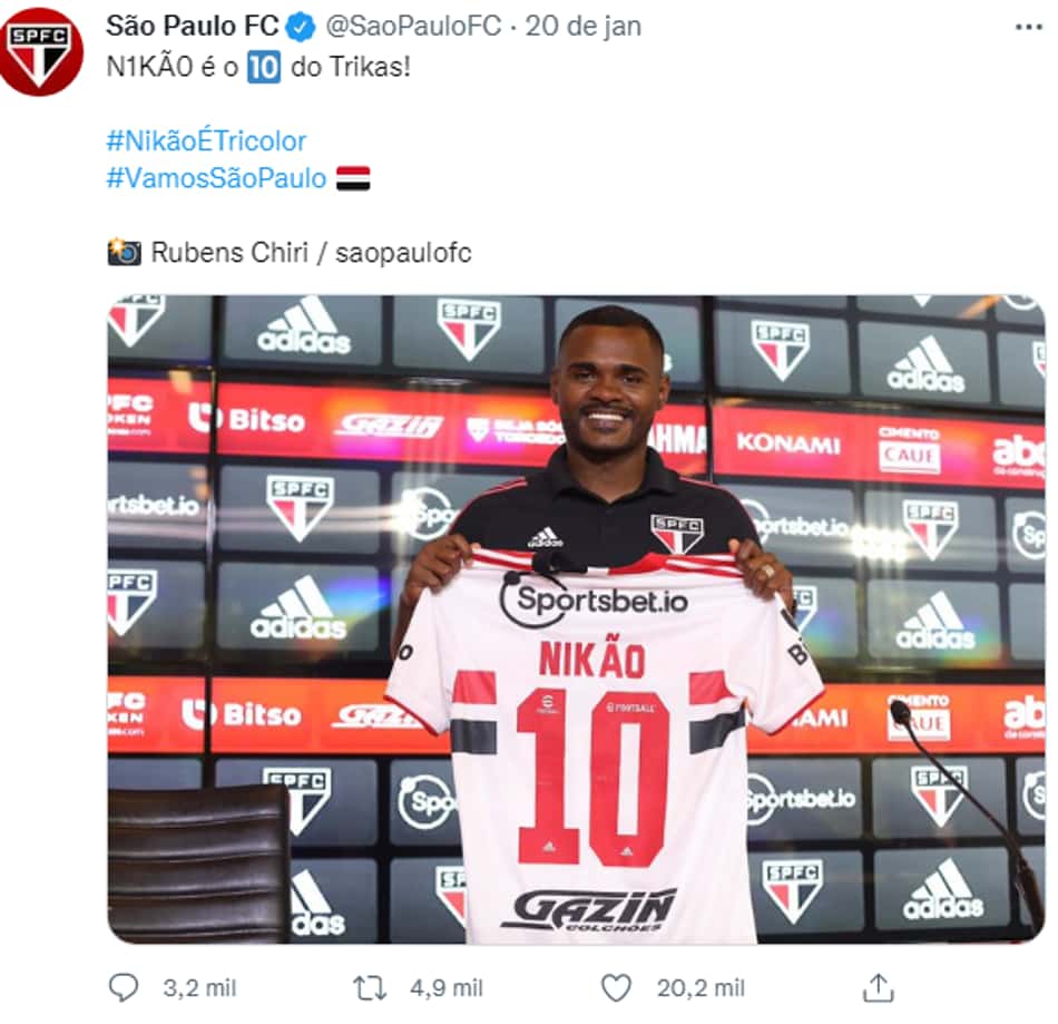 Uso do apelido 'Trikas' pelo São Paulo em apresentação de jogador provoca repercussão nas redes sociais