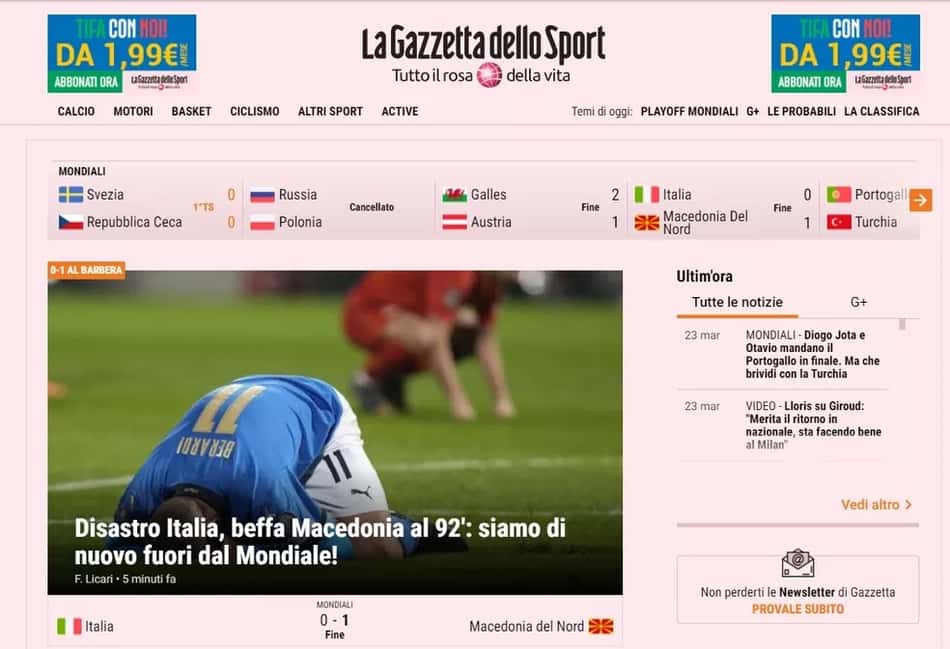 'Desastre' foi o adjetivo encontrado pelo Gazzetta dello Sport para descrever a eliminação da Itália